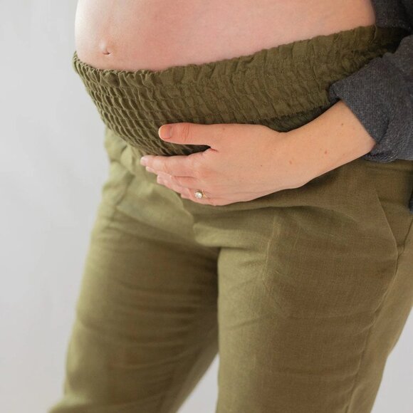 Emme Mama Transitional Maternity Smocked Linen Pant Women's XS Olive Green - Picture 4 of 16